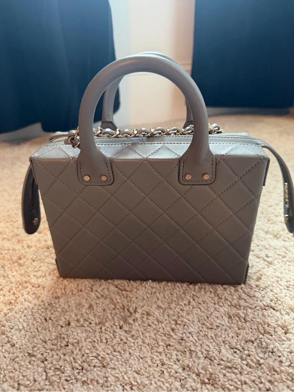 CHANEL Quilted Gray Mini Vanity Crossbody Bag with Gold Chain Authentic